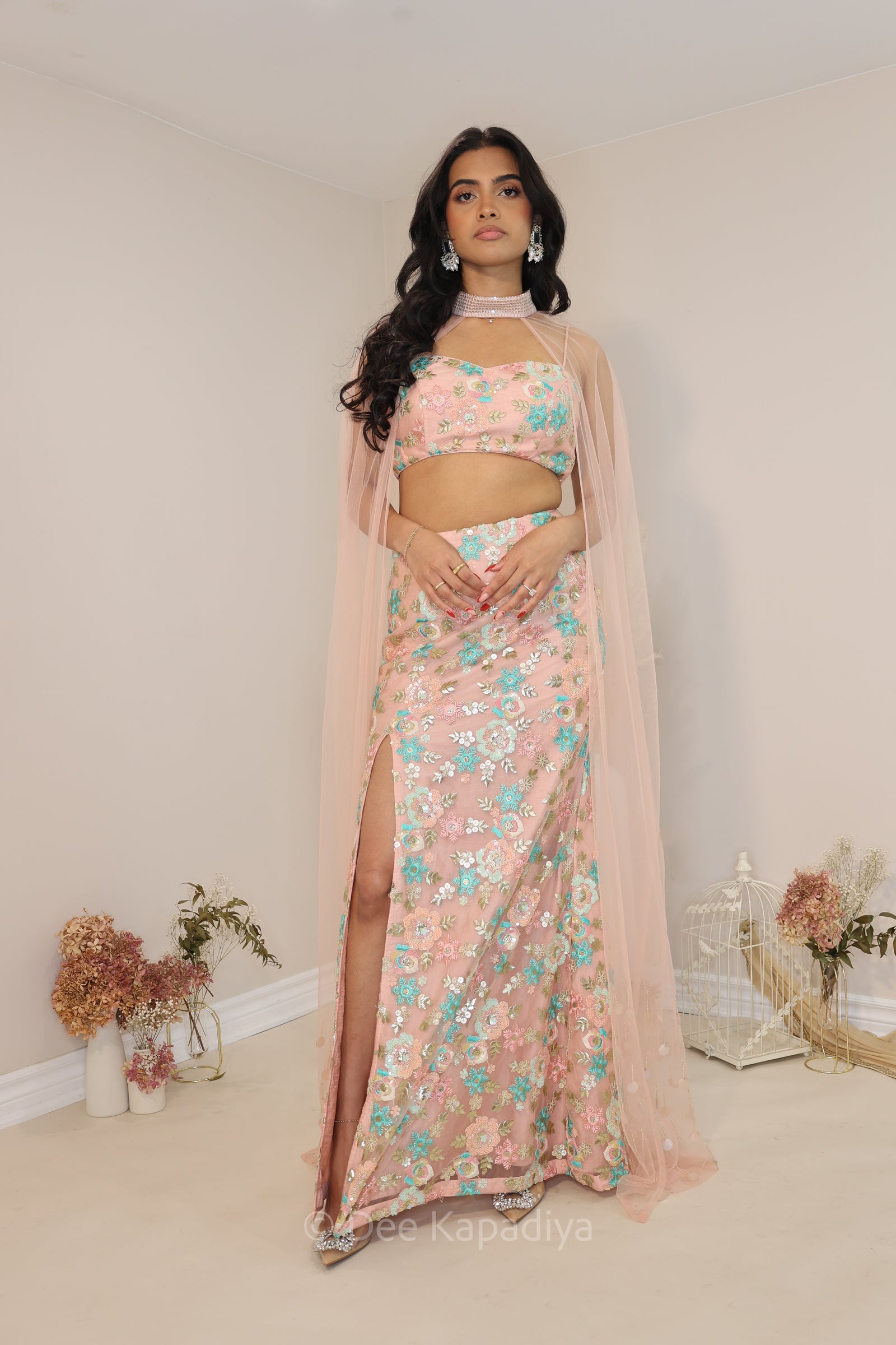 Rani from queen, soft tone seafoam colour mermaid lehenga set with cape for sangeet, welcome dinner and wedding reception