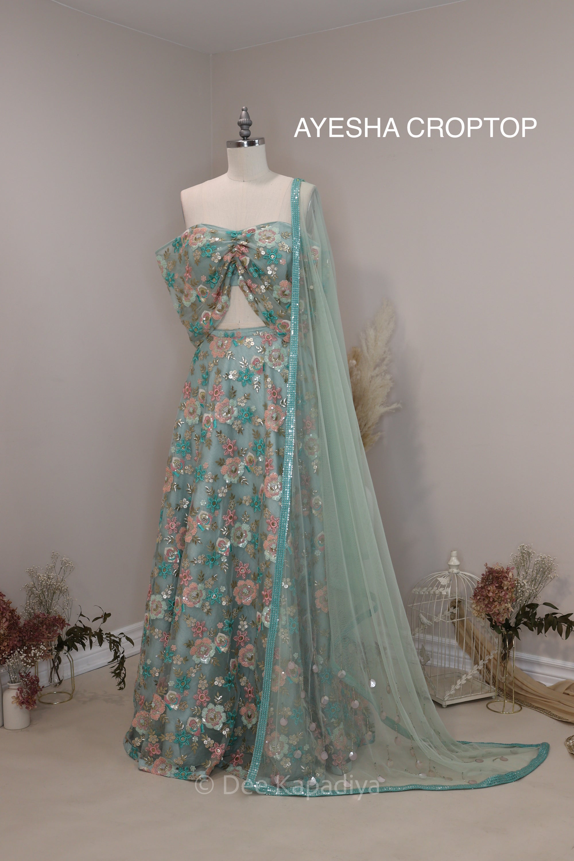 Modern and chic, sexy, feminine lehenga in sea foam blue, for pre or post Indian or fusion inter cultural weddings. It's a beautiful lehenga for sagan, sangeet, mehendi, after party, bridal shower.