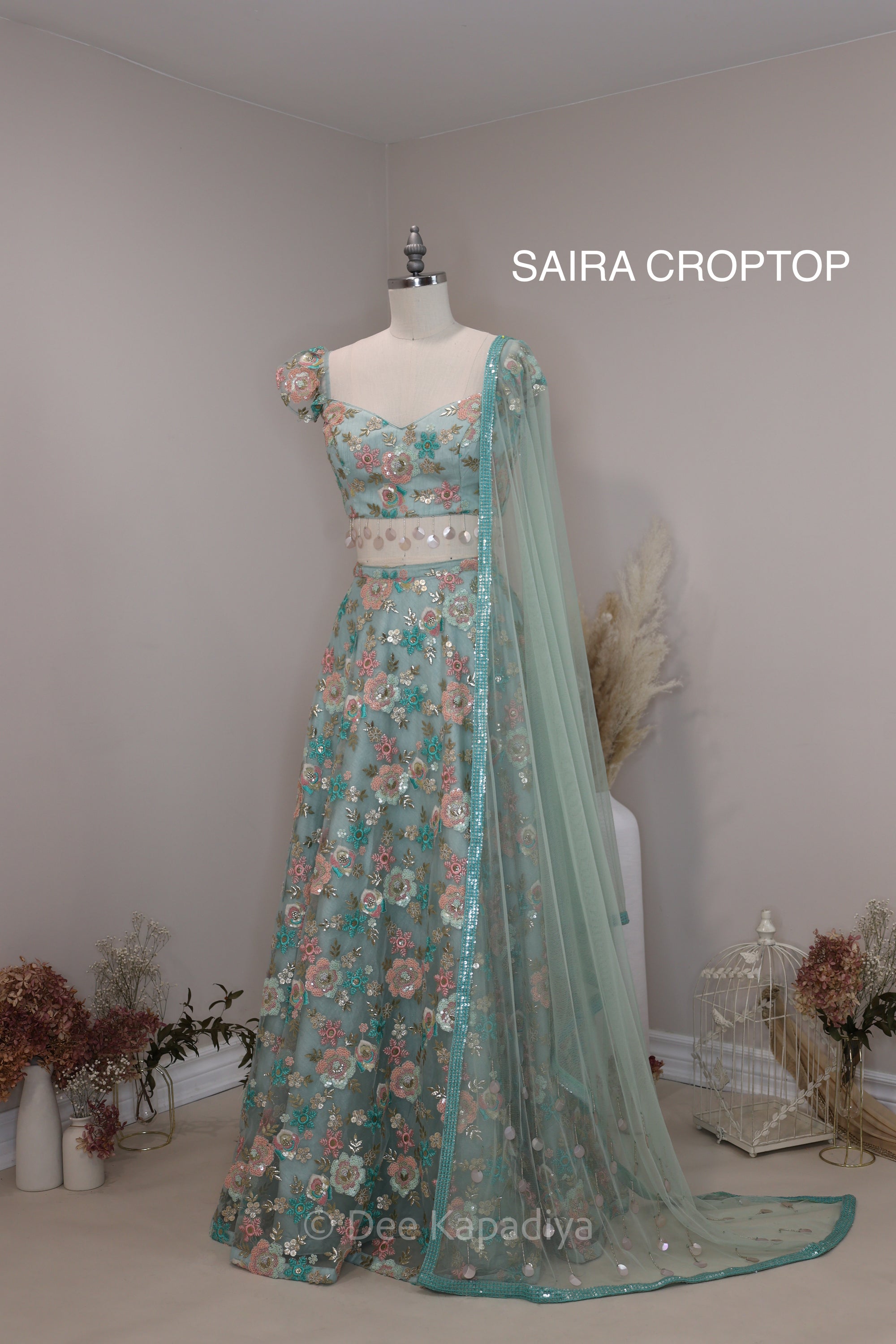 Modern and chic, sexy, feminine lehenga in sea foam blue, for pre or post Indian or fusion inter cultural weddings. It's a beautiful lehenga for sagan, sangeet, mehendi, after party, bridal shower.