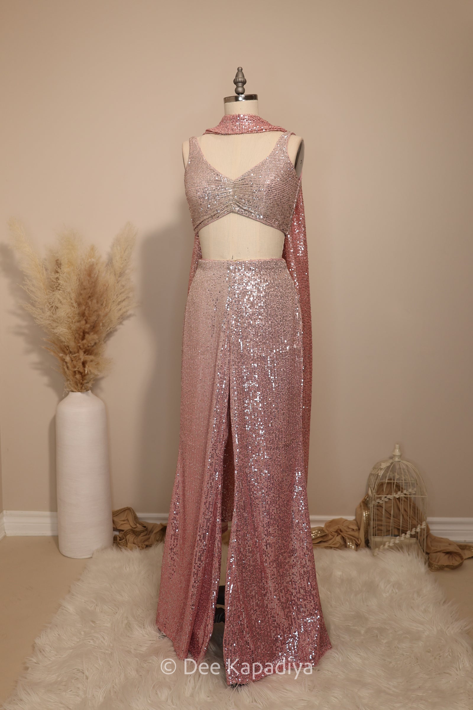 bell bottom in ombre sequin pink with sleeveless croptop