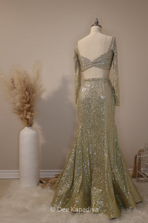 ombre sequin modern indian wear, indowestern, mermaid lehenga, bellow bottom, ruched readytowear saree, in butter yellow, bubblegum pink, celestial blue and quartz grey, cocktail, afterparty, red carpet, wedding reception guest