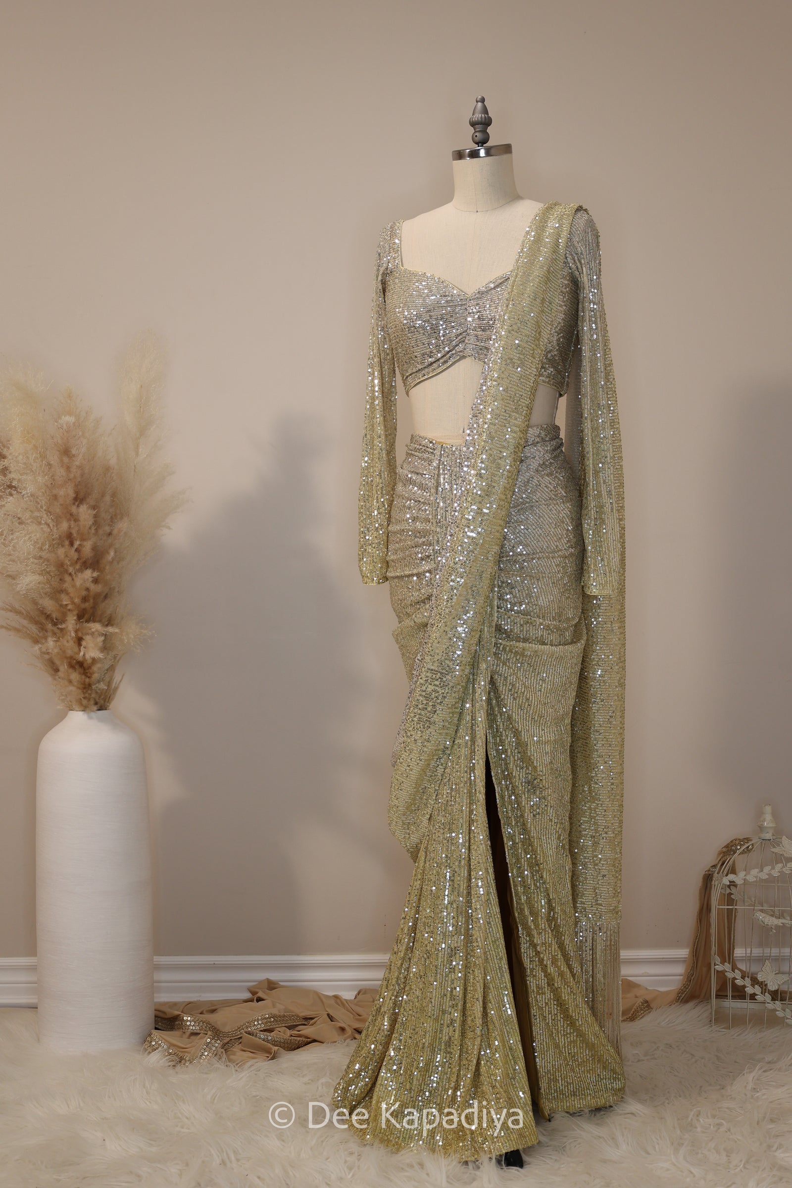 ombre sequin modern indian wear, indowestern, mermaid lehenga, bellow bottom, ruched readytowear saree, in butter yellow, bubblegum pink, celestial blue and quartz grey, cocktail, afterparty, red carpet, wedding reception guest
