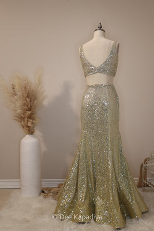 ombre sequin modern indian wear, indowestern, mermaid lehenga, bellow bottom, ruched readytowear saree, in butter yellow, bubblegum pink, celestial blue and quartz grey, cocktail, afterparty, red carpet, wedding reception guest