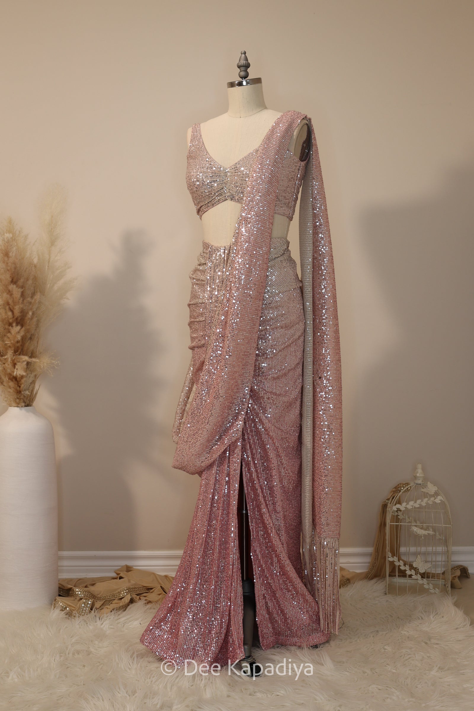 ready to wear ruched saree in ombre sequin bubblegum pink with sleeveless croptop