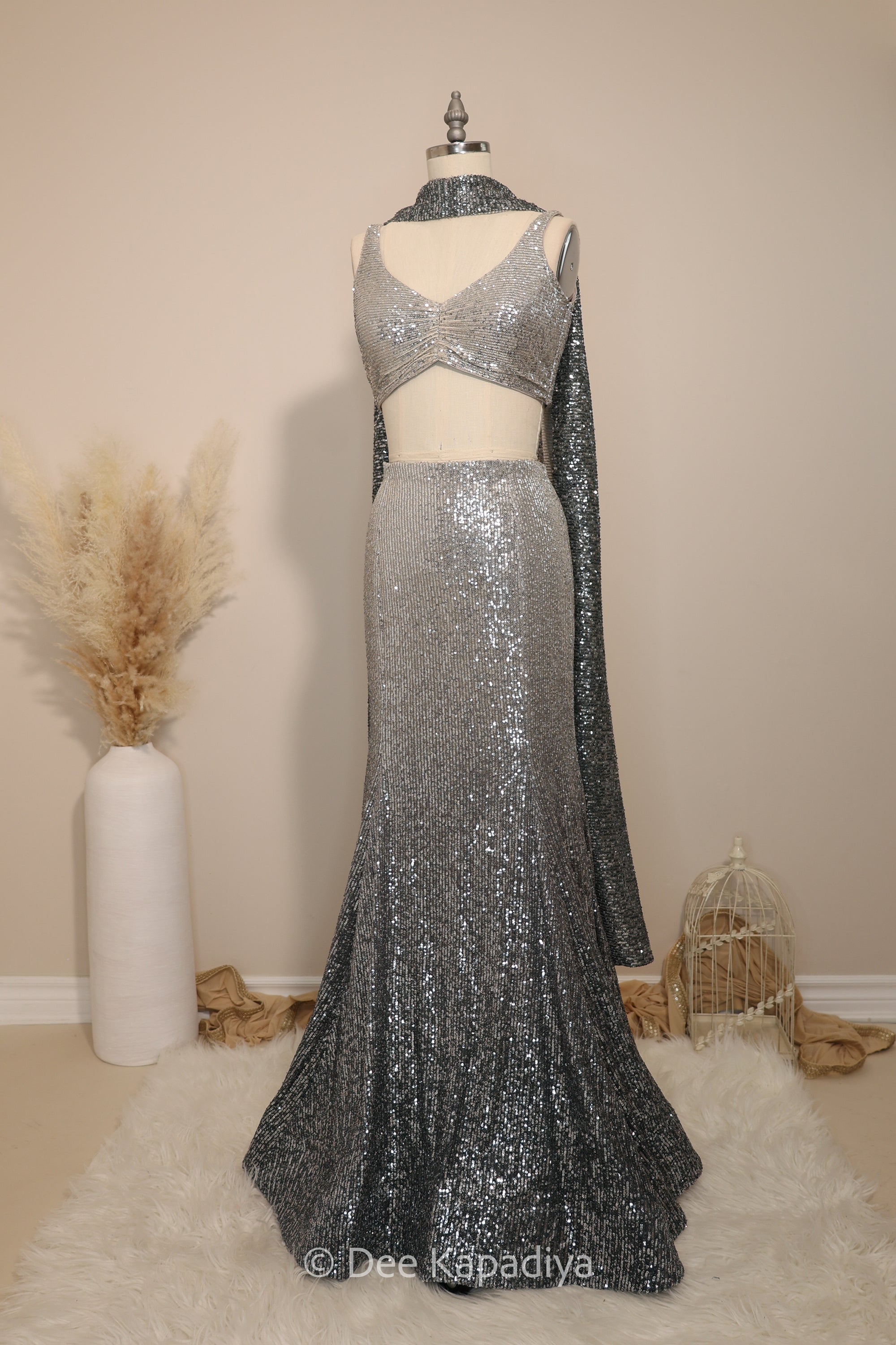 ombre sequin modern indian wear, indowestern, mermaid lehenga, bellow bottom, ruched readytowear saree, in butter yellow, bubblegum pink, celestial blue and quartz grey, cocktail, afterparty, red carpet, wedding reception guest