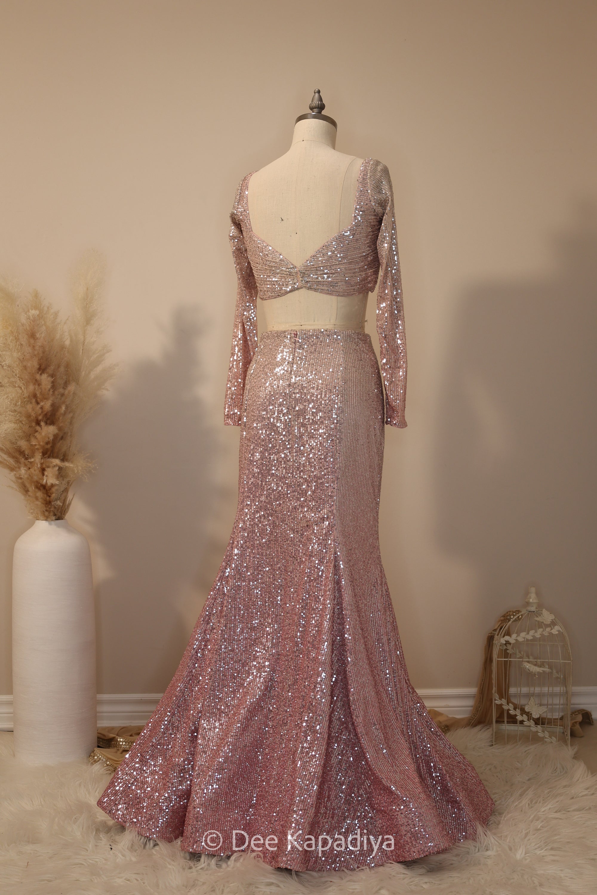 ombre sequin modern indian wear, indowestern, mermaid lehenga, bellow bottom, ruched readytowear saree, in butter yellow, bubblegum pink, celestial blue and quartz grey, cocktail, afterparty, red carpet, wedding reception guest