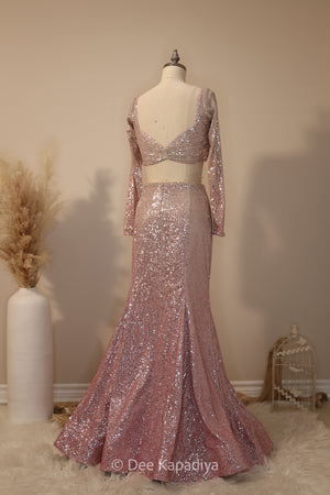 ombre sequin modern indian wear, indowestern, mermaid lehenga, bellow bottom, ruched readytowear saree, in butter yellow, bubblegum pink, celestial blue and quartz grey, cocktail, afterparty, red carpet, wedding reception guest