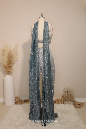 ombre sequin modern indian wear, indowestern, mermaid lehenga, bellow bottom, ruched readytowear saree, in butter yellow, bubblegum pink, celestial blue and quartz grey, cocktail, afterparty, red carpet, wedding reception guest