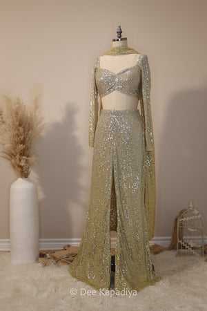 ombre sequin modern indian wear, indowestern, mermaid lehenga, bellow bottom, ruched readytowear saree, in butter yellow, bubblegum pink, celestial blue and quartz grey, cocktail, afterparty, red carpet, wedding reception guest