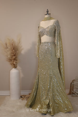 ombre sequin modern indian wear, indowestern, mermaid lehenga, bellow bottom, ruched readytowear saree, in butter yellow, bubblegum pink, celestial blue and quartz grey, cocktail, afterparty, red carpet, wedding reception guest