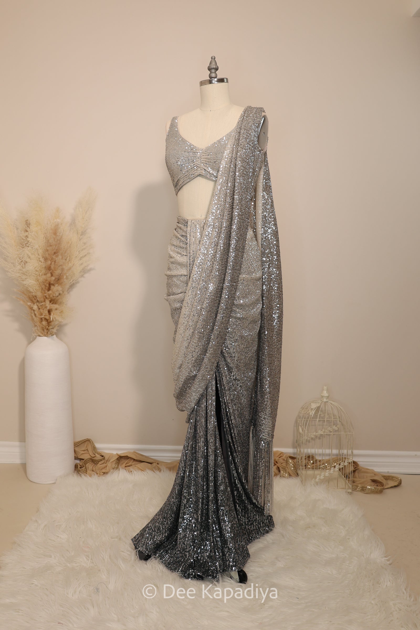 ombre sequin modern indian wear, indowestern, mermaid lehenga, bellow bottom, ruched readytowear saree, in butter yellow, bubblegum pink, celestial blue and quartz grey, cocktail, afterparty, red carpet, wedding reception guest