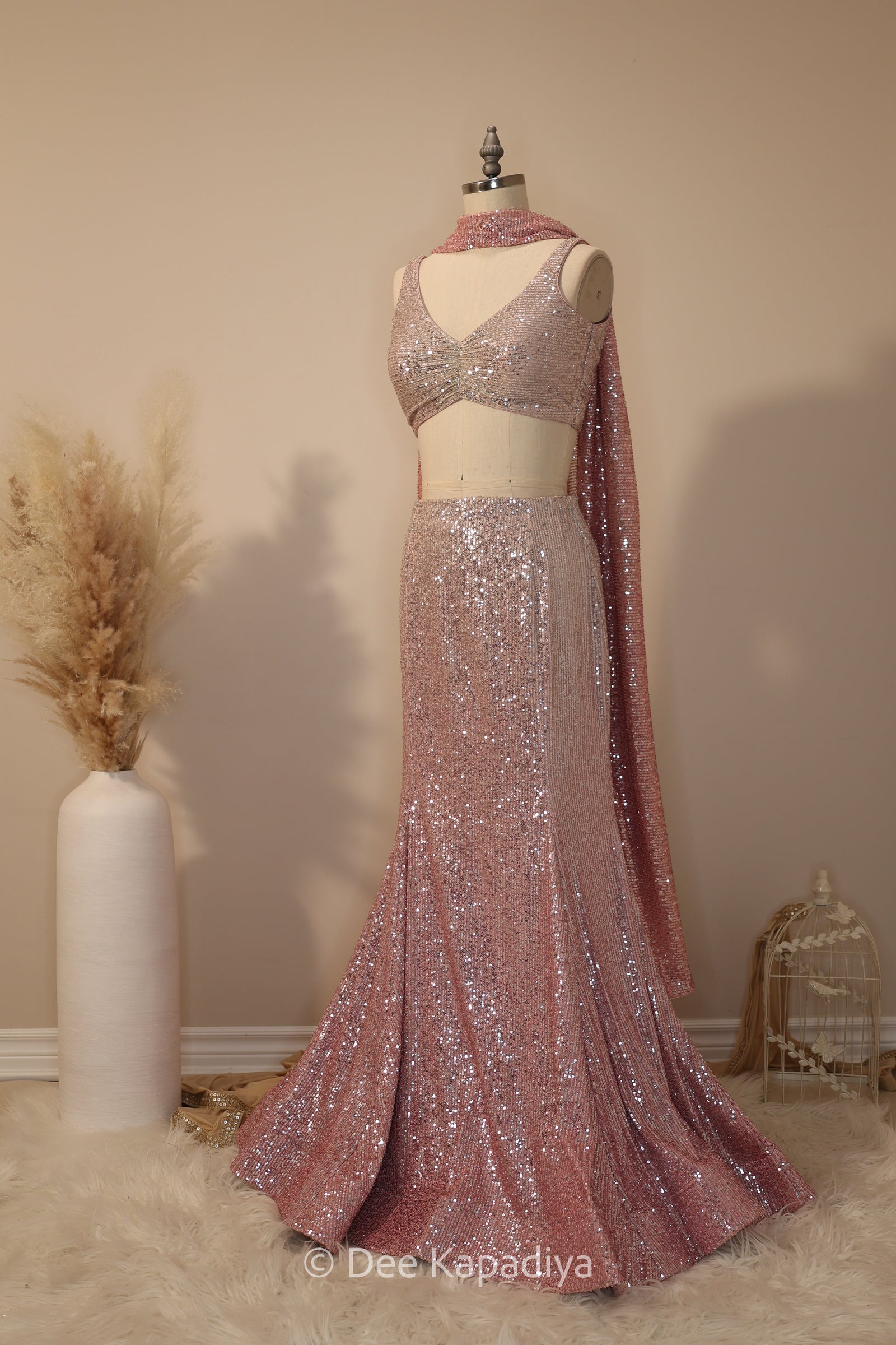 ready to wear mermaid lehenga in ombre sequin celestial blue sleeveless croptop