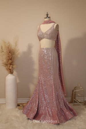 ombre sequin modern indian wear, indowestern, mermaid lehenga, bellow bottom, ruched readytowear saree, in butter yellow, bubblegum pink, celestial blue and quartz grey, cocktail, afterparty, red carpet, wedding reception guest
