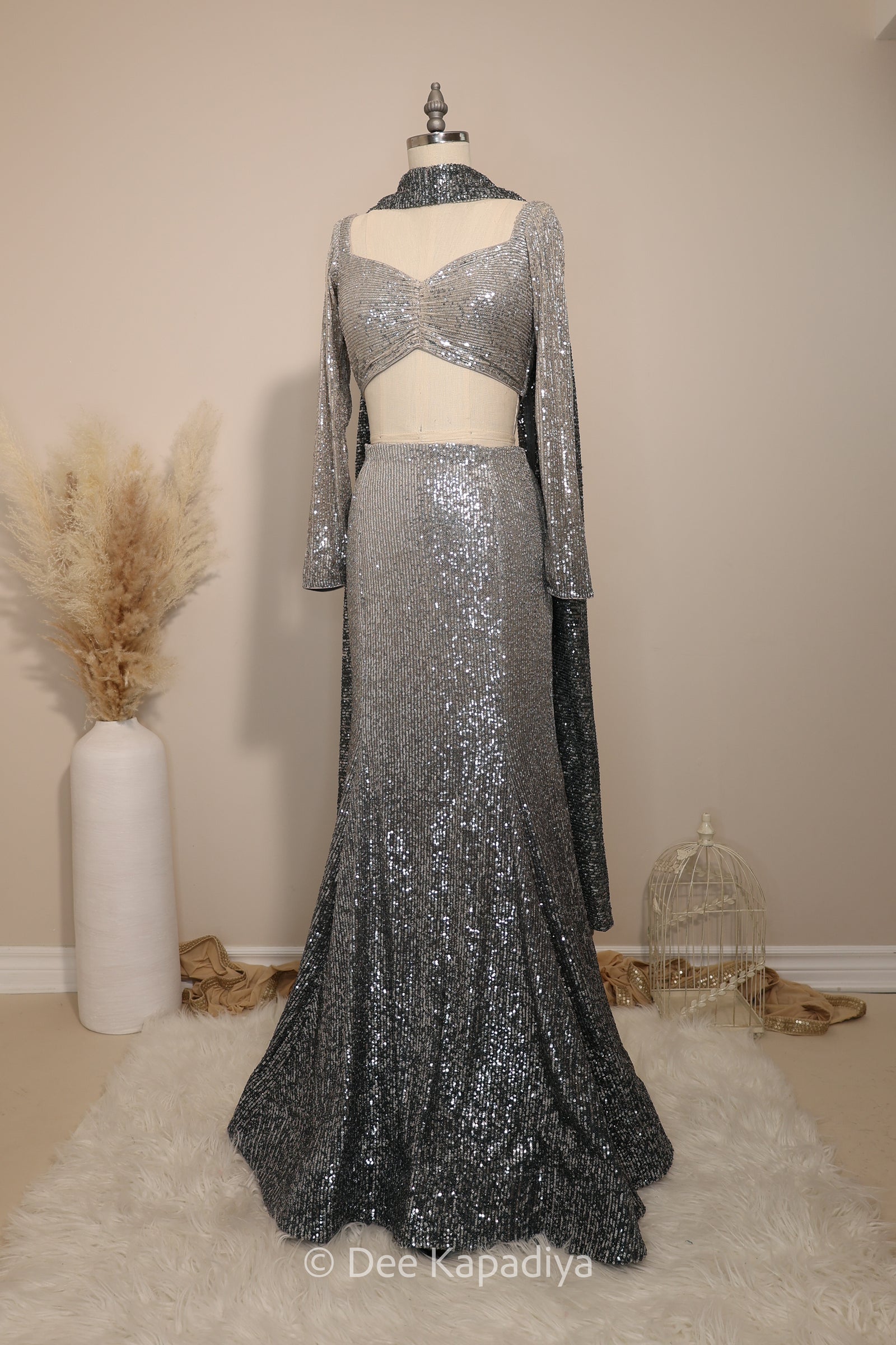ombre sequin modern indian wear, indowestern, mermaid lehenga, bellow bottom, ruched readytowear saree, in butter yellow, bubblegum pink, celestial blue and quartz grey, cocktail, afterparty, red carpet, wedding reception guest