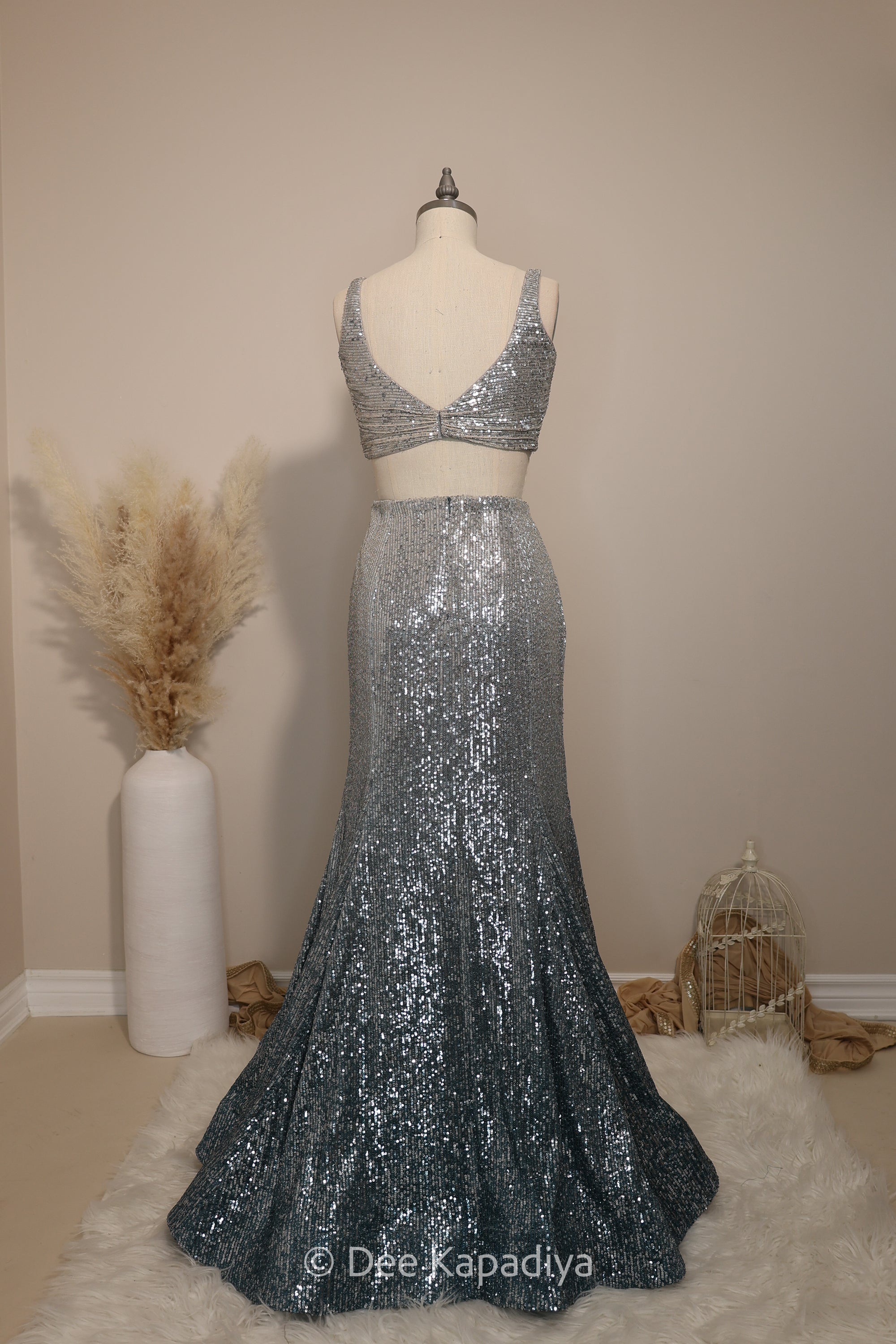 ombre sequin modern indian wear, indowestern, mermaid lehenga, bellow bottom, ruched readytowear saree, in butter yellow, bubblegum pink, celestial blue and quartz grey, cocktail, afterparty, red carpet, wedding reception guest