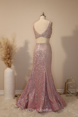 ombre sequin modern indian wear, indowestern, mermaid lehenga, bellow bottom, ruched readytowear saree, in butter yellow, bubblegum pink, celestial blue and quartz grey, cocktail, afterparty, red carpet, wedding reception guest