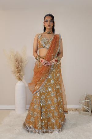 Jodha Croptop Vaani Lehenga in Amber Sienna pose 3