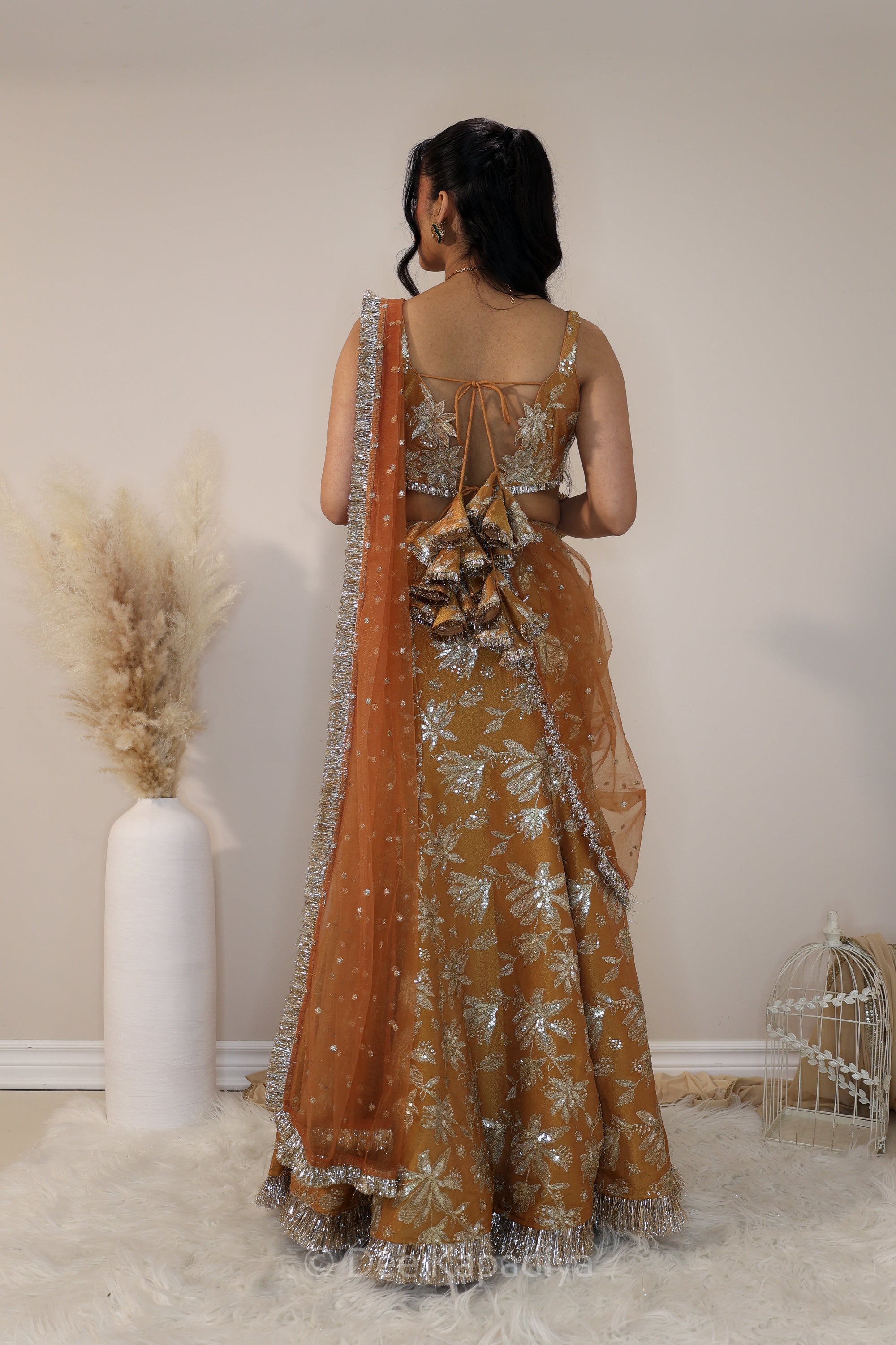 Jodha Croptop Vaani Lehenga in Amber Sienna pose 4