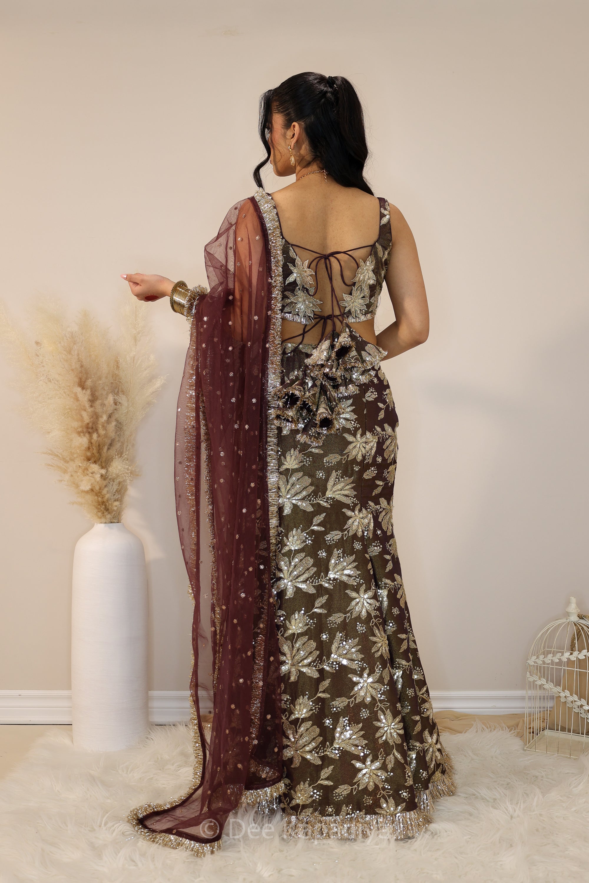 Jodha Croptop Vaani Lehenga in Espresson Plum pose 5