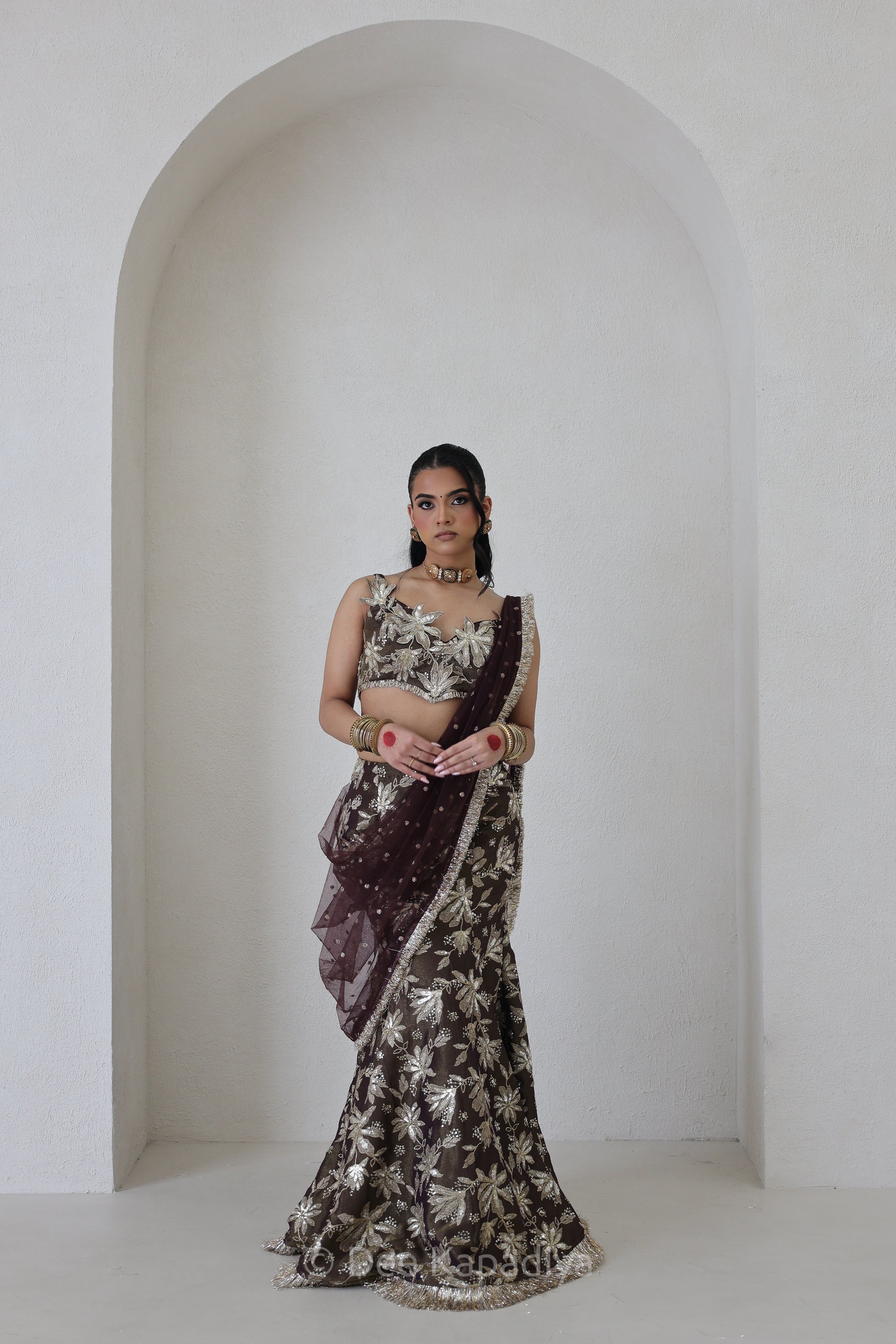 Jodha Croptop Vaani Lehenga in Espresson Plum pose 6