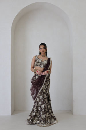 Jodha Croptop Vaani Lehenga in Espresson Plum pose 6