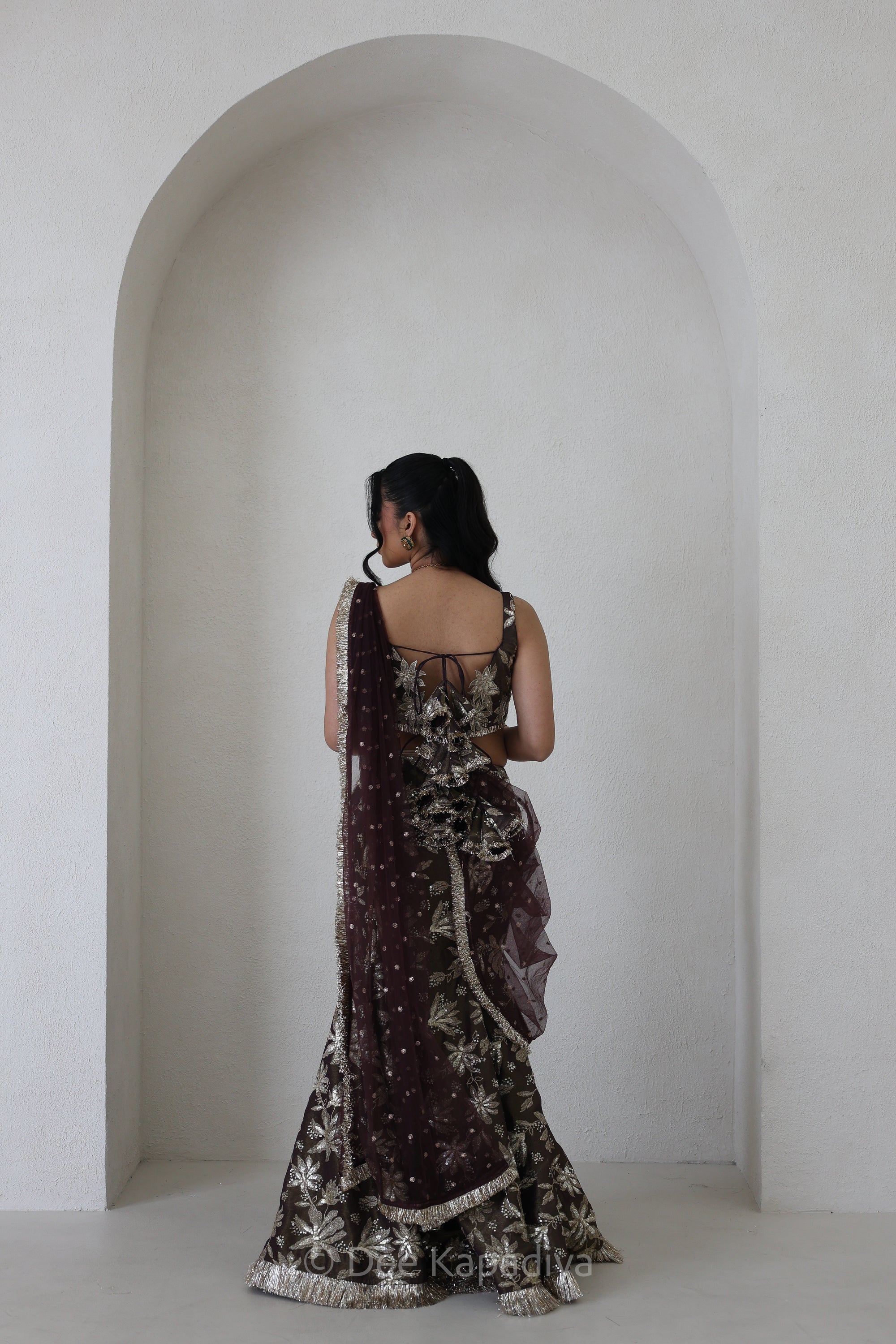 Jodha Croptop Vaani Lehenga in Espresson Plum pose 7
