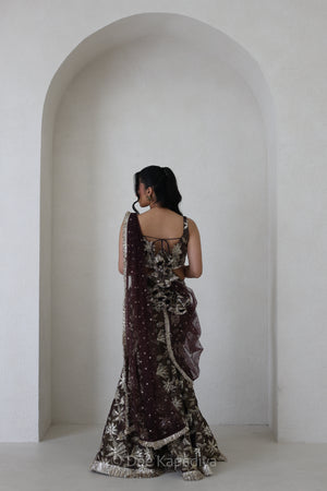 Jodha Croptop Vaani Lehenga in Espresson Plum pose 7