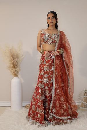 Jodha Croptop Vaani Lehenga in Sunkissed Rust pose 9