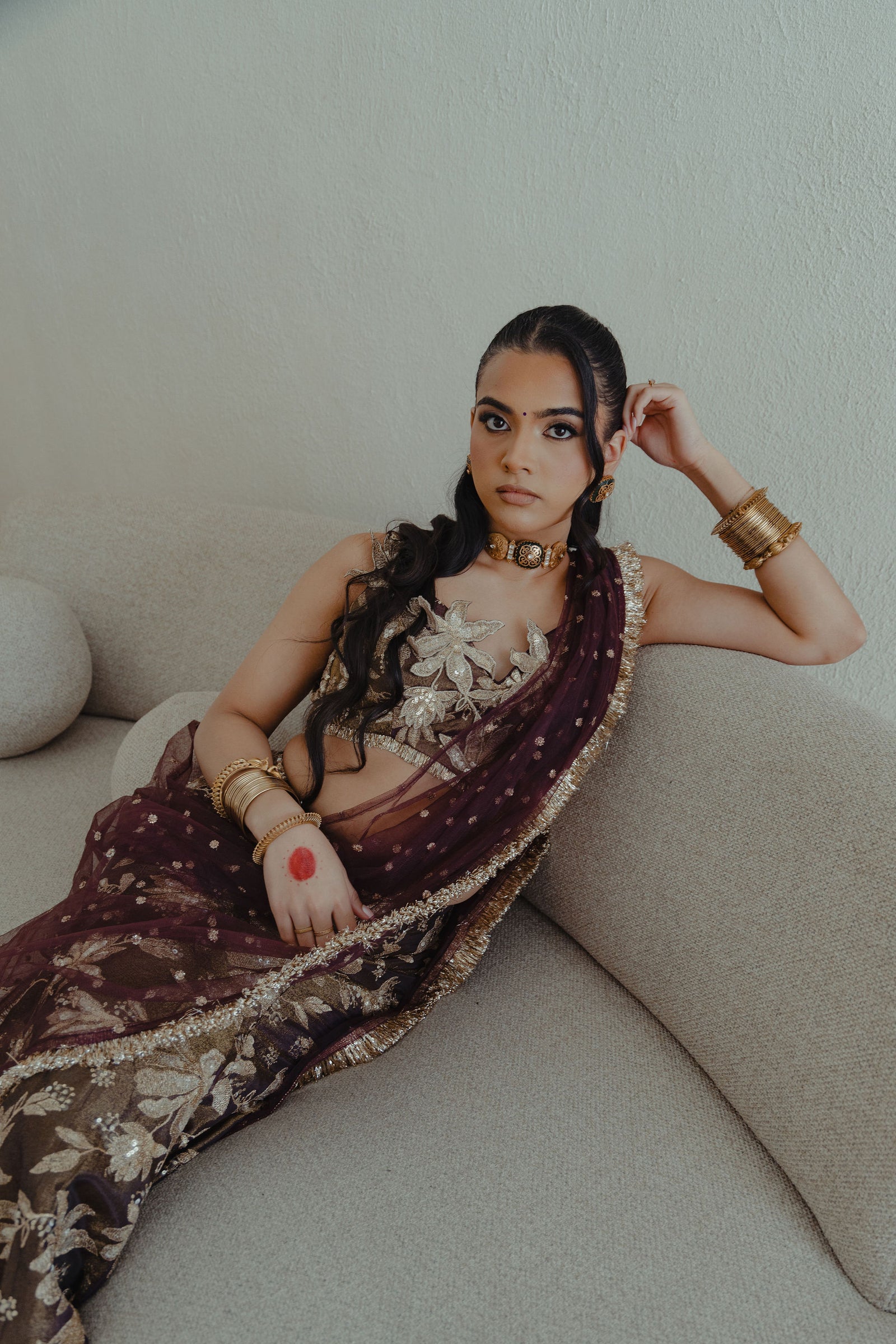 Jodha ct Vaani lehenga set in espresso plum campaign pose 1 