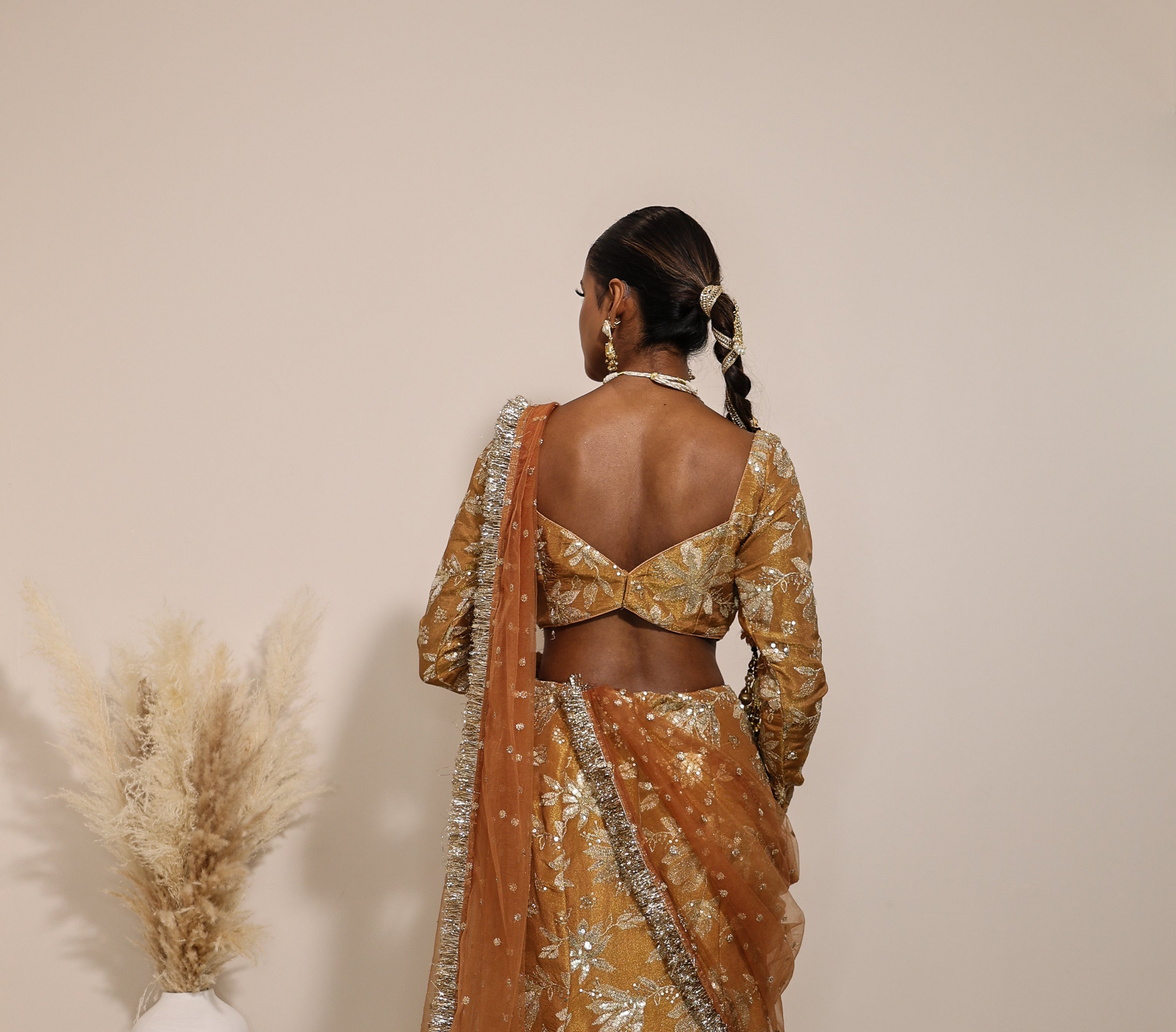 Lakshmi with jodha full circle lehenga  back in amber sienna mustard yellow, for haldi, mehendi jaggo, women wearing lehenga with dupatta