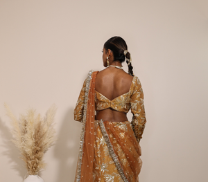 Lakshmi with jodha full circle lehenga  back in amber sienna mustard yellow, for haldi, mehendi jaggo, women wearing lehenga with dupatta