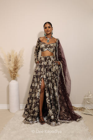 Lakshmi with jodha full circle lehenga  front in espresso plum chocolate brown, for haldi, mehendi jaggo, women wearing lehenga with dupatta in traditional attire for pre-wedding event  