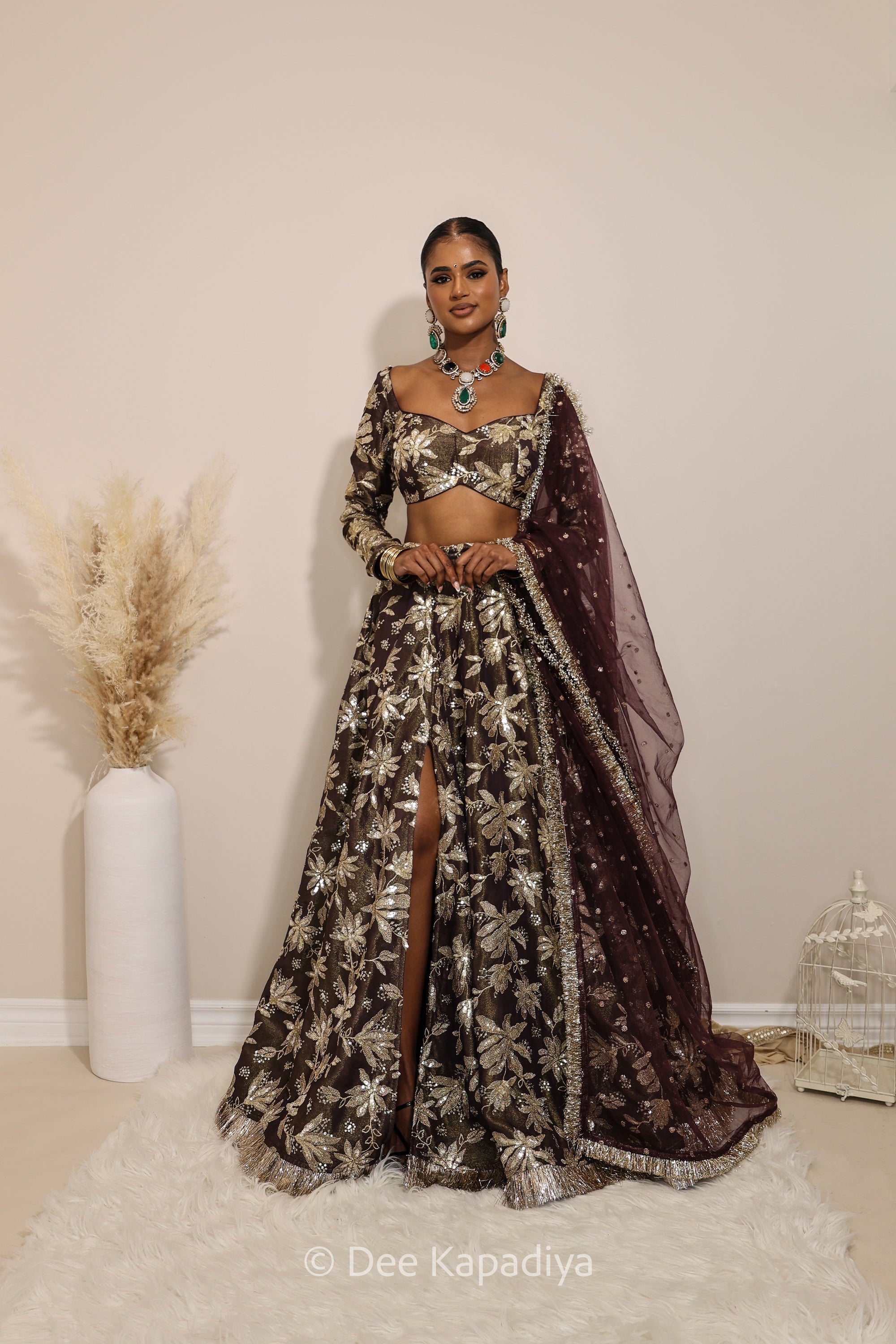 Lakshmi with jodha full circle lehenga  front in espresso plum chocolate brown, for haldi, mehendi jaggo, women wearing lehenga with dupatta in traditional attire for pre-wedding event  