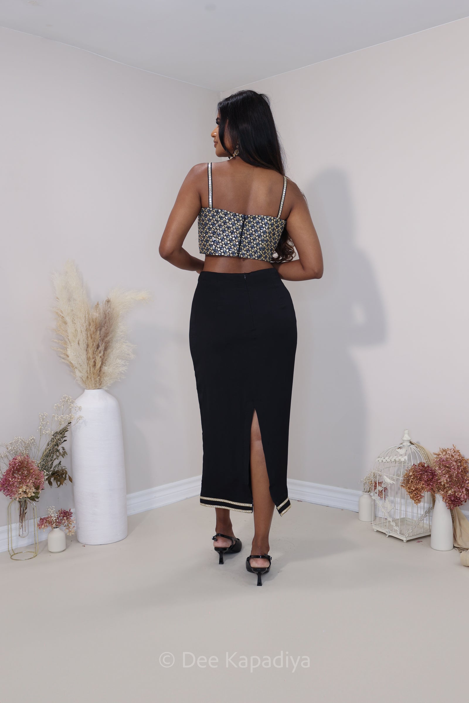 black & gold skirt & croptop set contemporary fasion indowestern