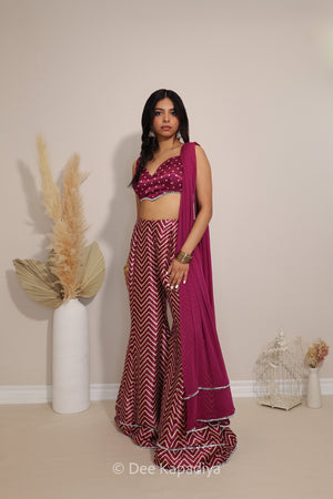 A woman modeling a traditional Indian outfit consisting of a magenta and white chevron-patterned flared pant, a matching magenta bandhani printed blouse, and a draped dupatta, standing in a studio with decorative dried pampas grass in a white vase.