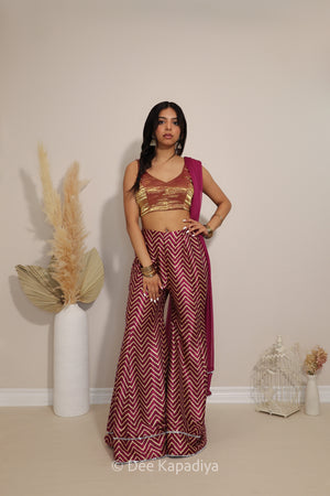 A woman modeling a traditional Indian outfit consisting of a metallic gold crop top and a maroon flared pant with a red and white chevron pattern, paired with a solid maroon shawl. She is standing in a studio setting with decorative dried grass in a white vase and a small white birdcage on a beige floor against a light beige wall.