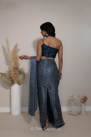 A woman is shown from the back wearing a navy blue and white chevron-patterned two-piece outfit with a 1 shoulder bandhani print crop top and matching pre-draped saree. She is standing in a studio setting with decorative dried grass in a white vase and a small birdcage on a beige floor against a light wall.