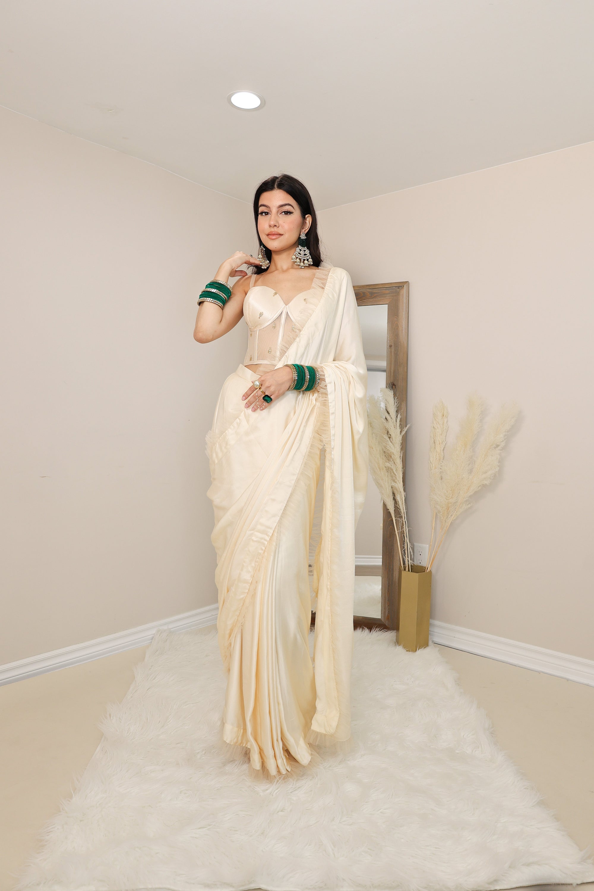 Sexy and silky plain sateen silk champagne colour trendy ruffle pre-stitched saree