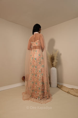Rani from queen, soft tone peach fuzz colour mermaid lehenga set with cape for sangeet, welcome dinner and wedding reception