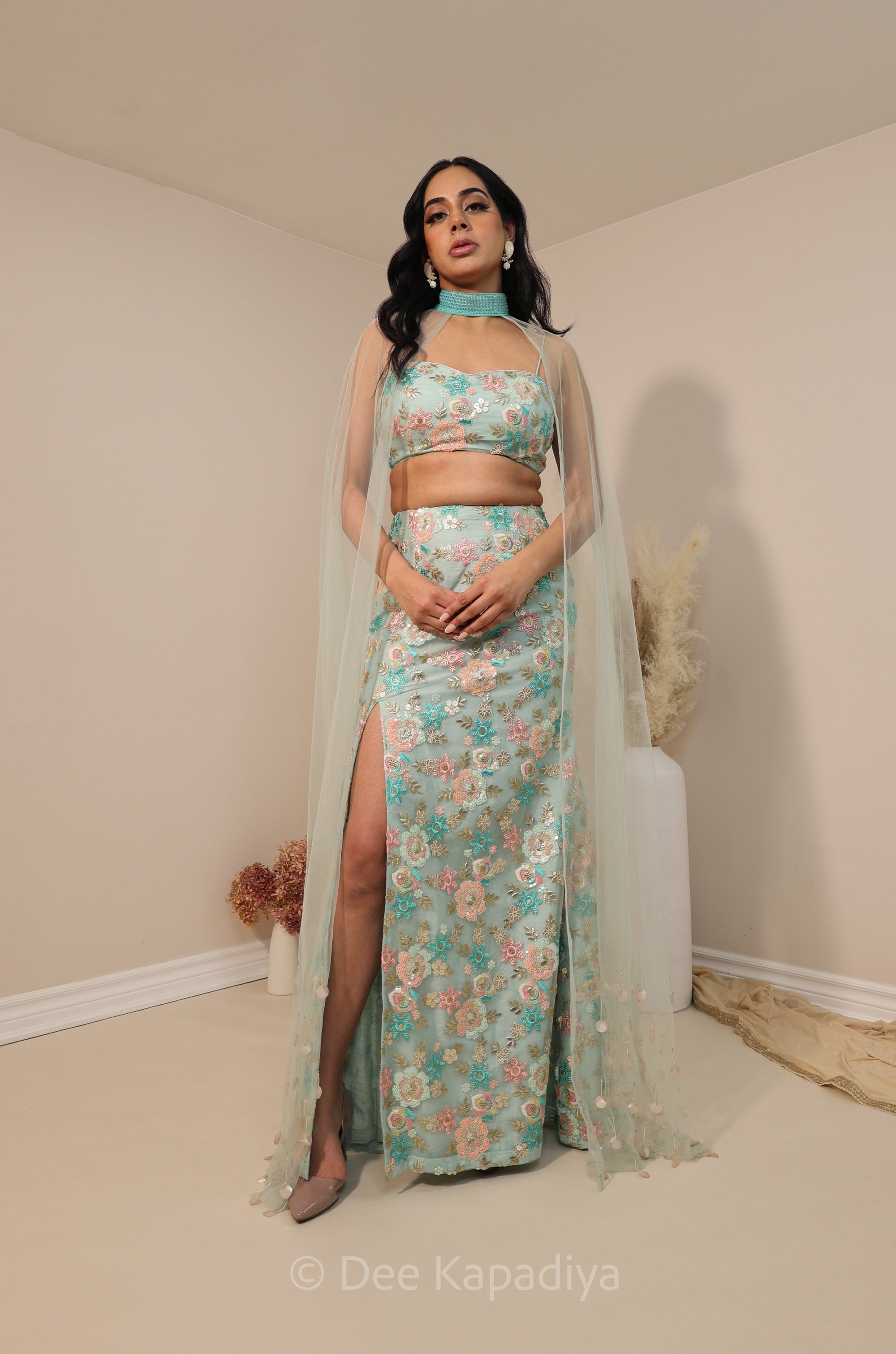 Rani from queen, soft tone seafoam blue colour mermaid lehenga set with cape for sangeet, welcome dinner and wedding reception
