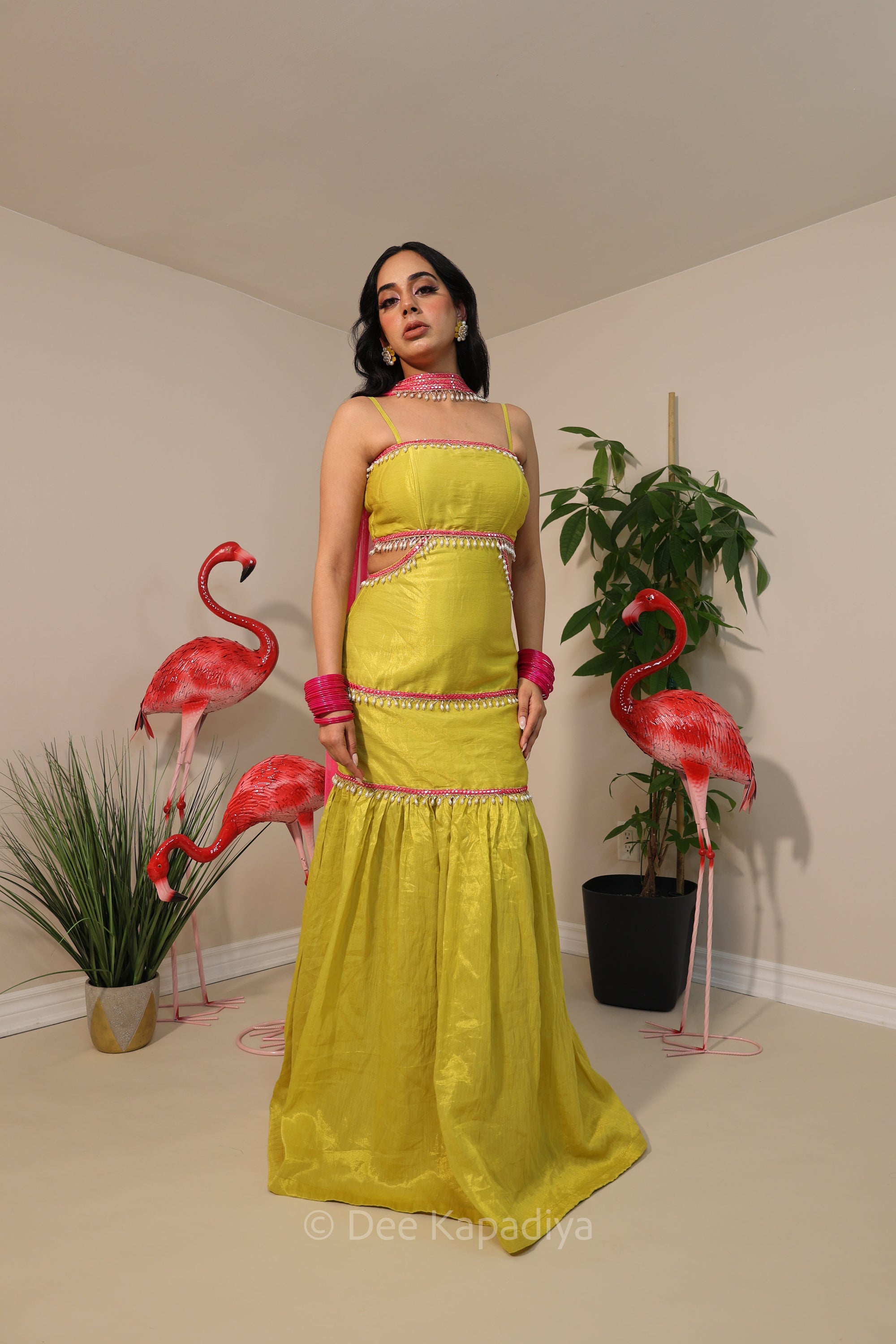 Shanti from Om Shanti Om, elegant and sophisticated neon yellow and hot pink combo dress lehenga set perfect for haldi and mehendi event. 