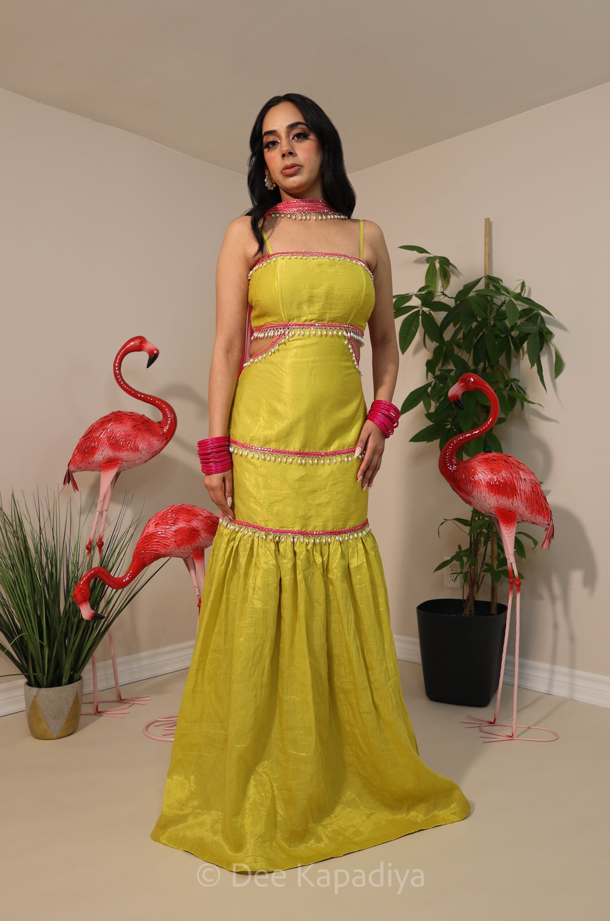 Shanti from Om Shanti Om, elegant and sophisticated neon yellow and hot pink combo dress lehenga set perfect for haldi and mehendi event. 