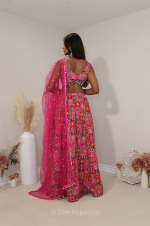 hot pink multi colour printed corset and lehenga set for pre and post indian multicultural weddings