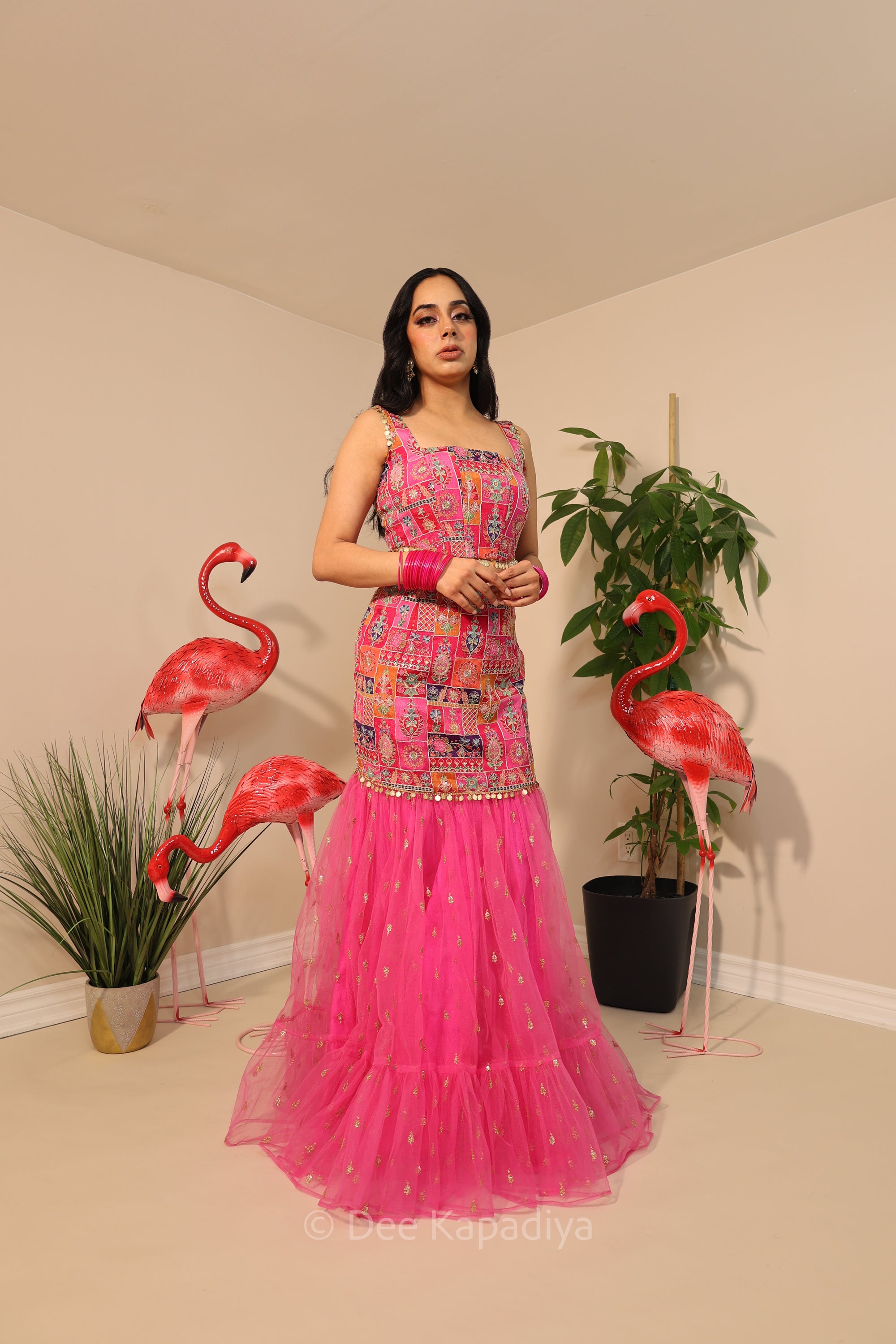 Simran from DDLJ, a fun, pretty and quirky hot pink multicoloured corset and mermaid lehenga set for fiesta, mehendi, welcome dinner, sangeet event