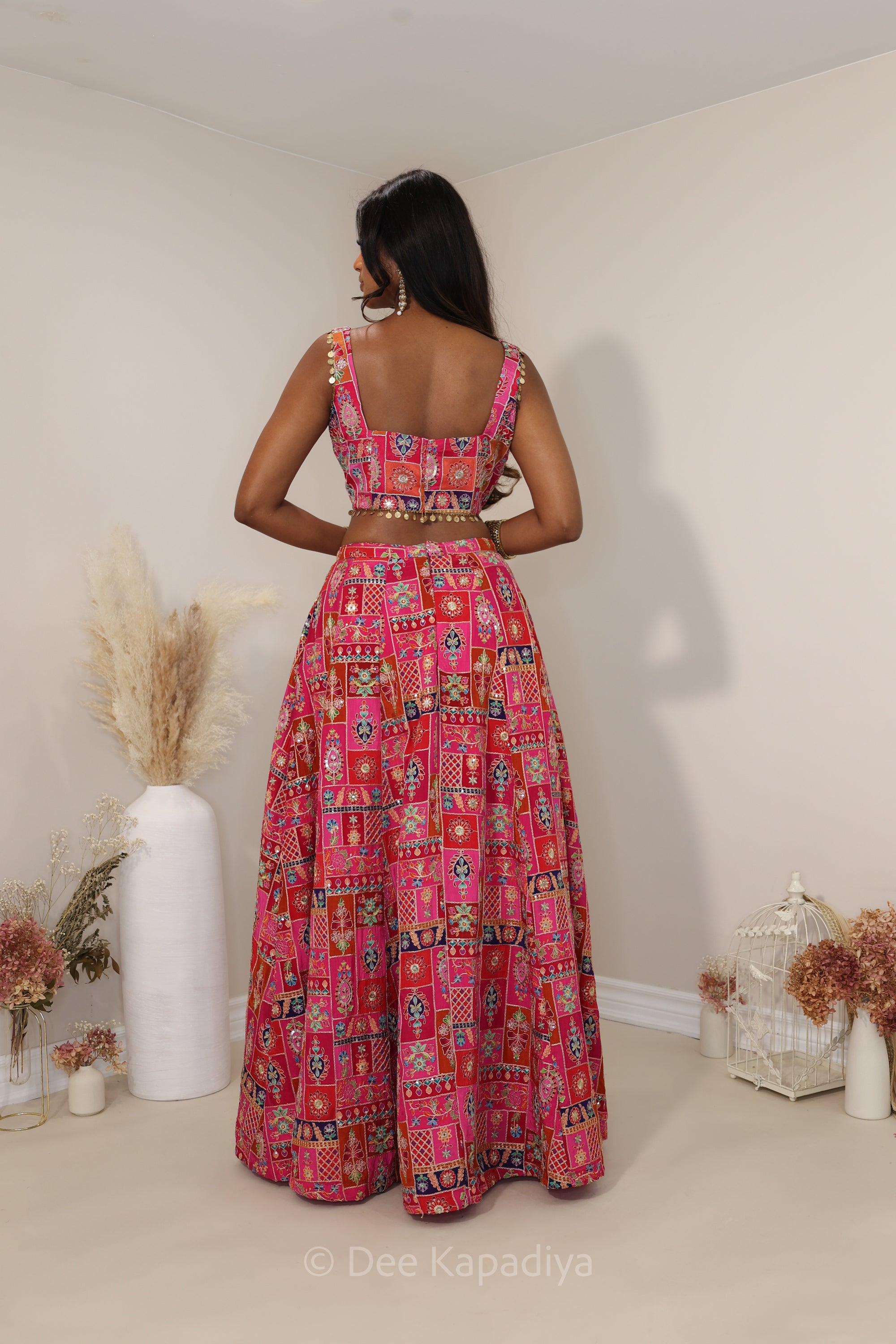 hot pink multi colour printed corset and lehenga set for pre and post indian multicultural weddings