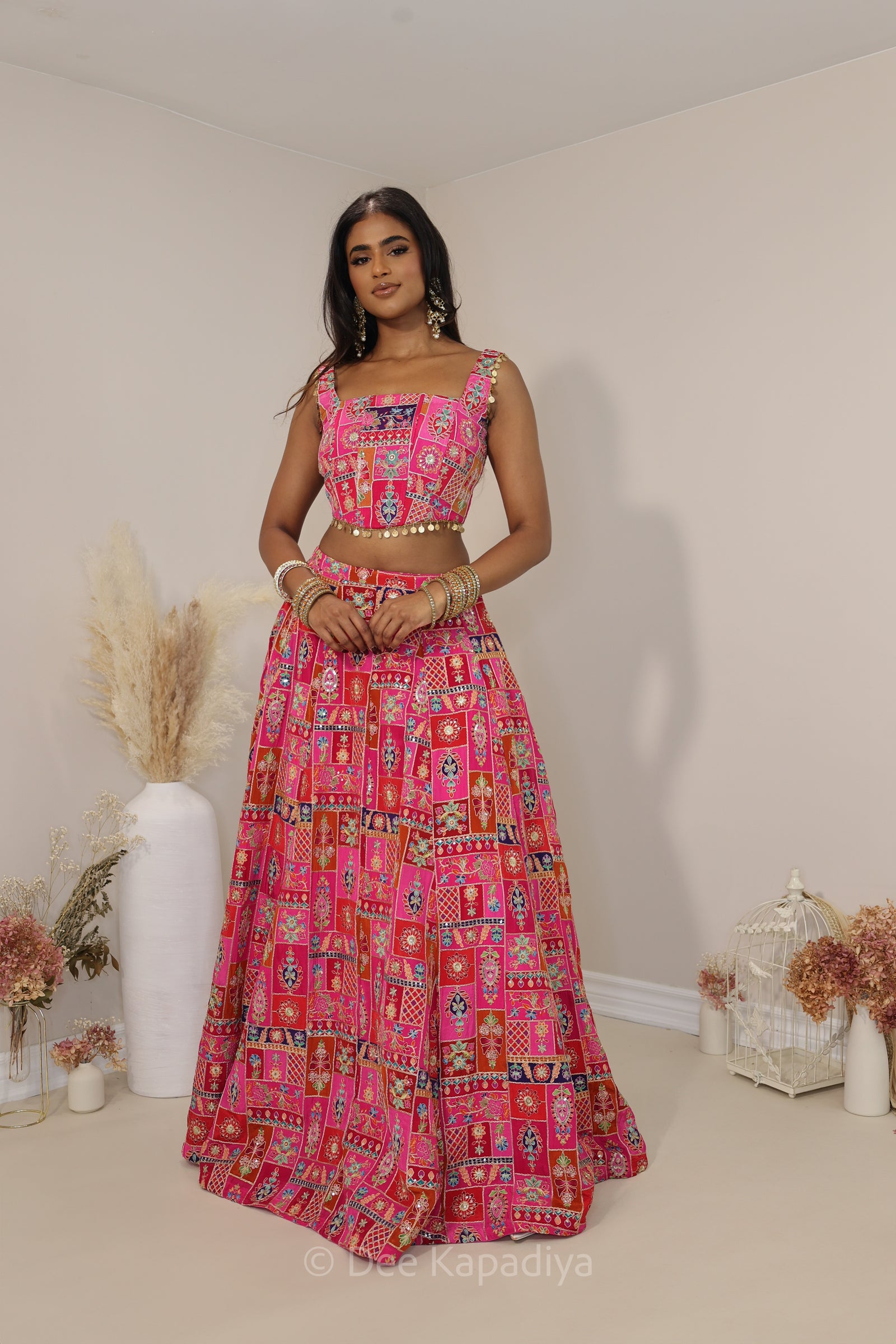 hot pink multi colour printed corset and lehenga set for pre and post indian multicultural weddings