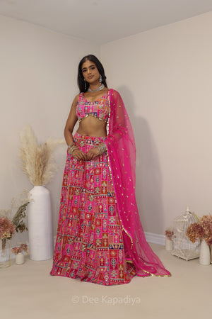 hot pink multi colour printed croptop and lehenga set for pre and post indian multicultural weddings