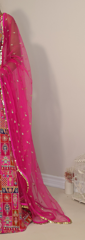 hot pink multi colour printed croptop and lehenga set for pre and post indian multicultural weddings