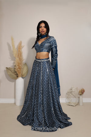 A woman models a navy blue and white patterned Indian ethnic outfit consisting of a long-sleeve ajrakh print crop top, a matching flared chevron printed skirt, and a draped scarf, standing in a studio with decorative dried grass in a vase.