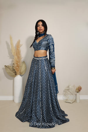 A woman modeling a navy blue and white patterned Indian ethnic wear set consisting of a long-sleeve ajrakh print crop top, a matching high-waisted flared skirt with chevron patterns, and a coordinating dupatta, set against a neutral beige wall with decorative pampas grass.